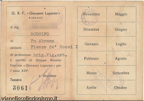 Tessera Gruppo Rionale Luporini 1938